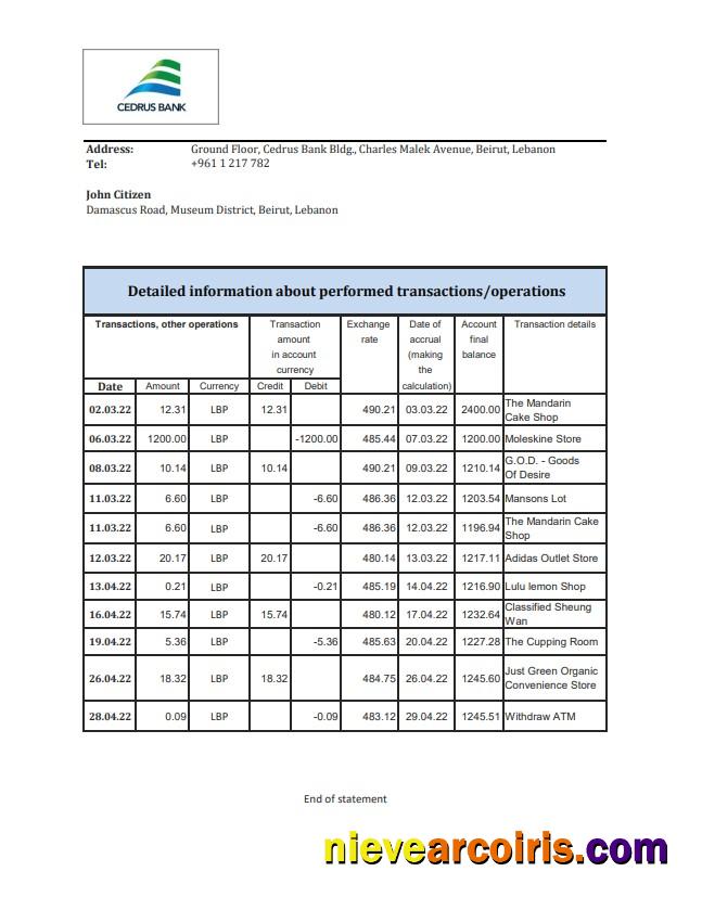 Lebanon Cedrus Bank statement xls